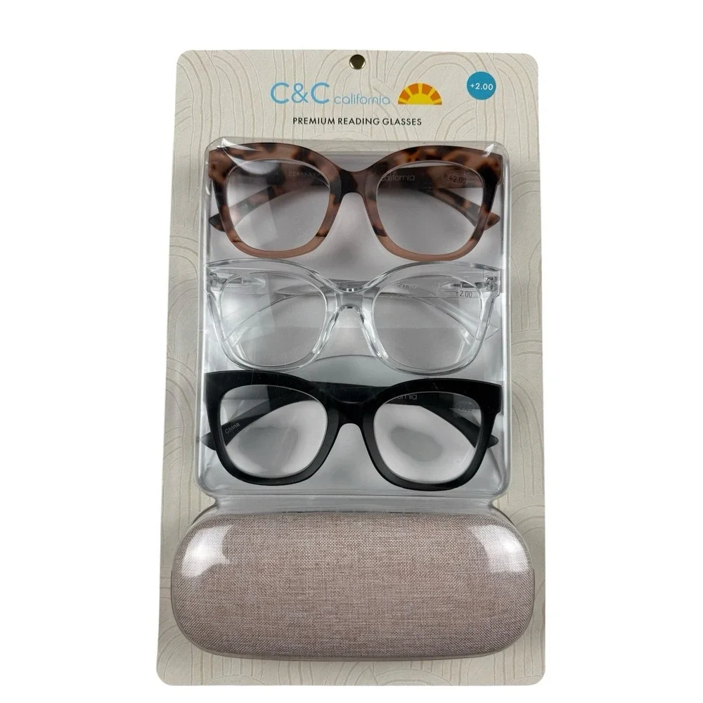 C&C CALIFORNIA Reading Glasses +2.00 Womens 3 Pair Set Case NEW SEALED